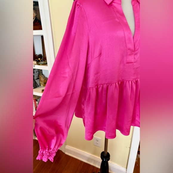 Lilly Pulitzer Top Hot Pink Sateen Jaylene Long Sleeve Peplum Hem Blouse XL - Picture 6 of 9